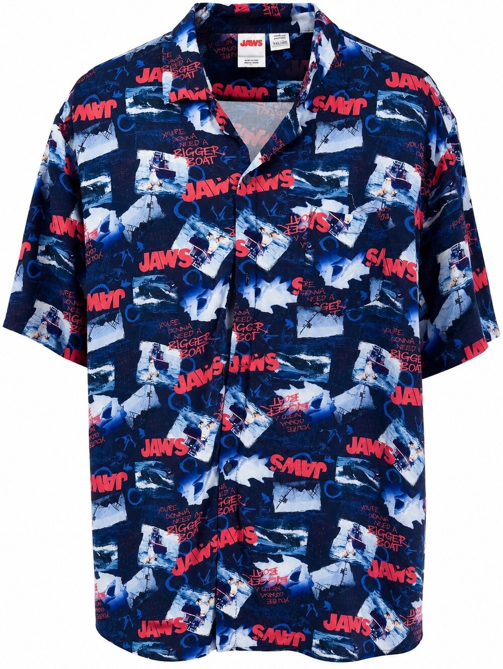 Button Down Jaws XXL Graphic Short-Sleeve Camp Shirt - Navy Blue